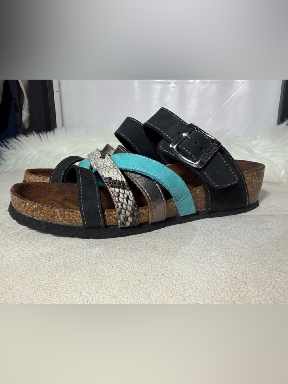 Cork Footbed Multi-Strap Sandal with Turquoise and Snake-Print Straps